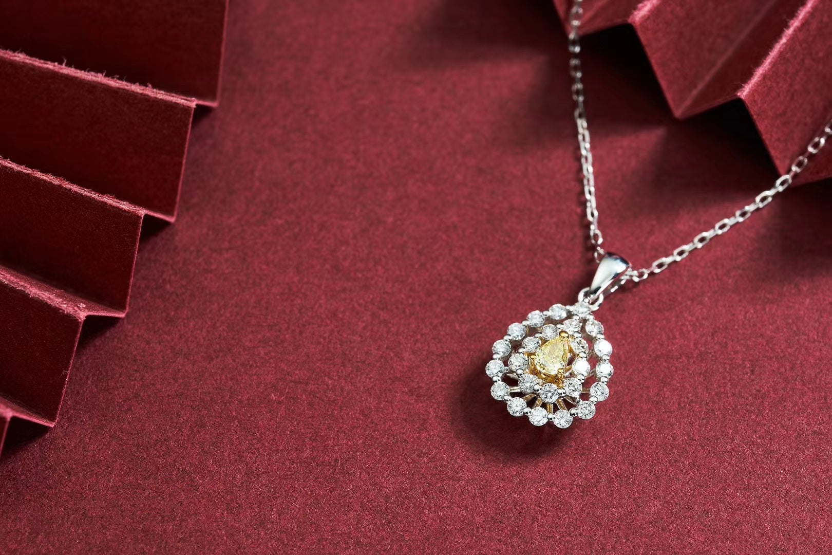 Diamond Drop Pendant with Double Halo - Premium Jewelry - Yellow Diamond Pendant