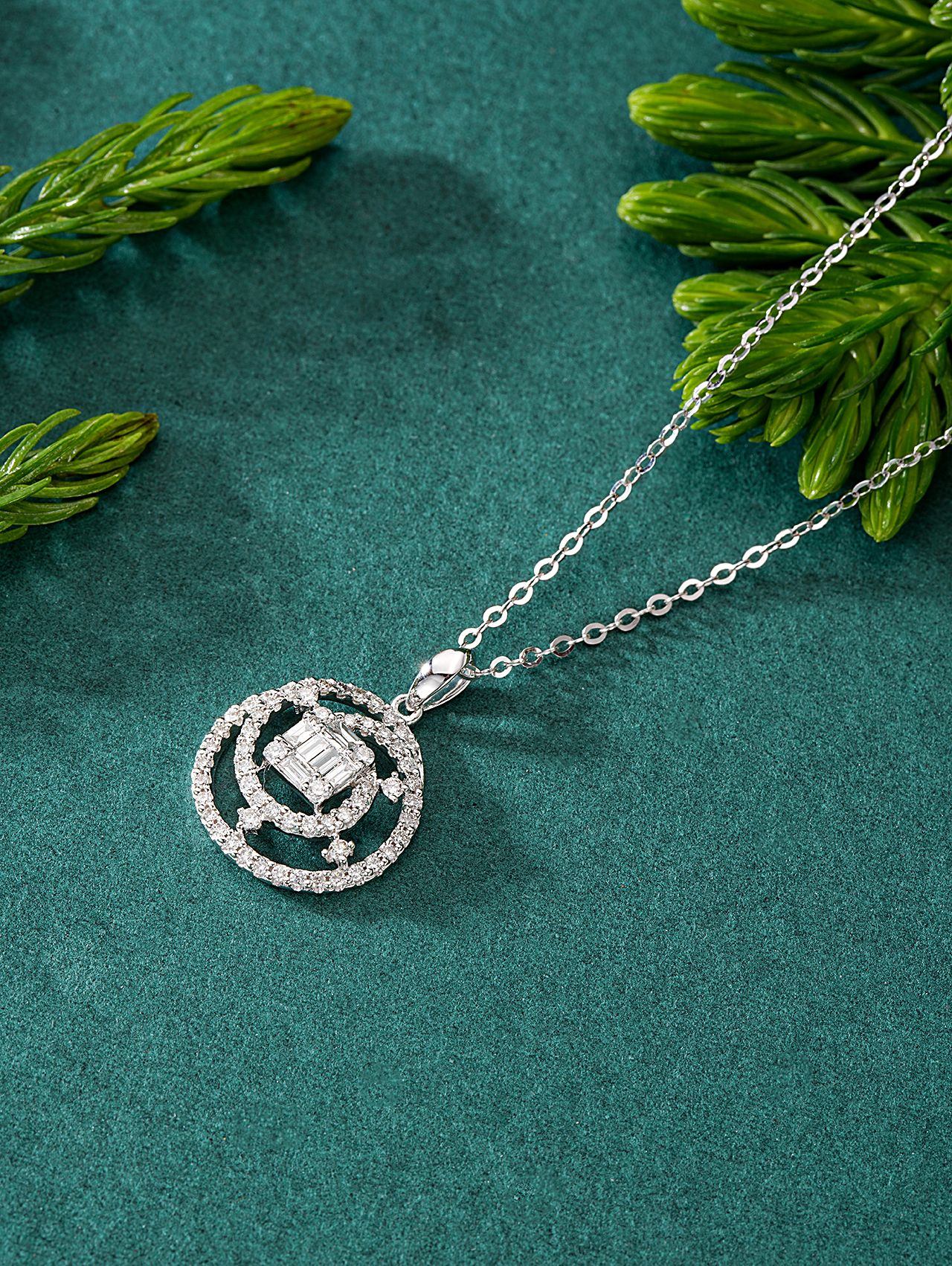 Diamond-Encrusted Circle Pendant with Surrounding Ladder Design - Premium Jewelry - White Diamond Pendant