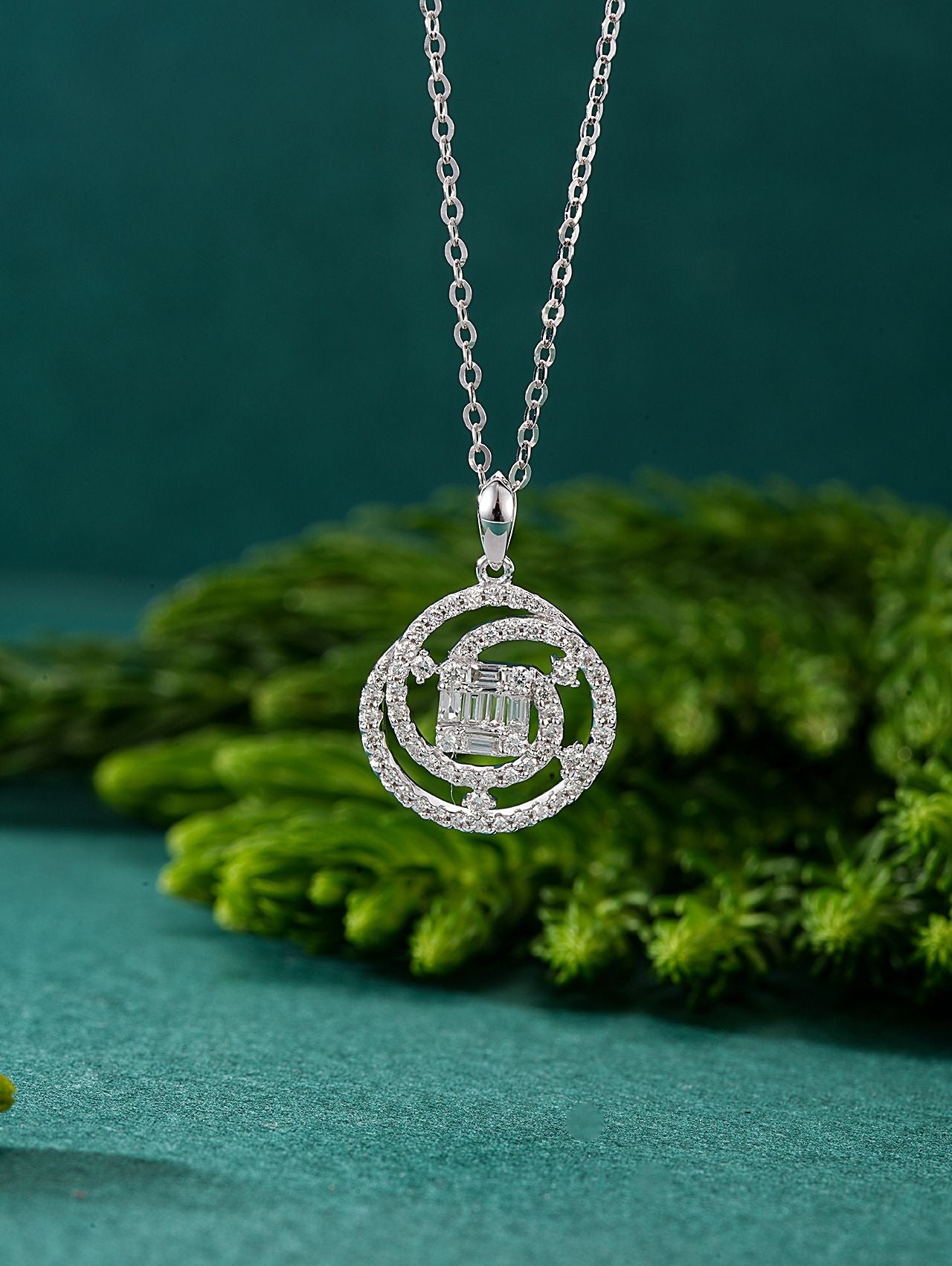 Diamond-Encrusted Circle Pendant with Surrounding Ladder Design - Premium Jewelry - White Diamond Pendant