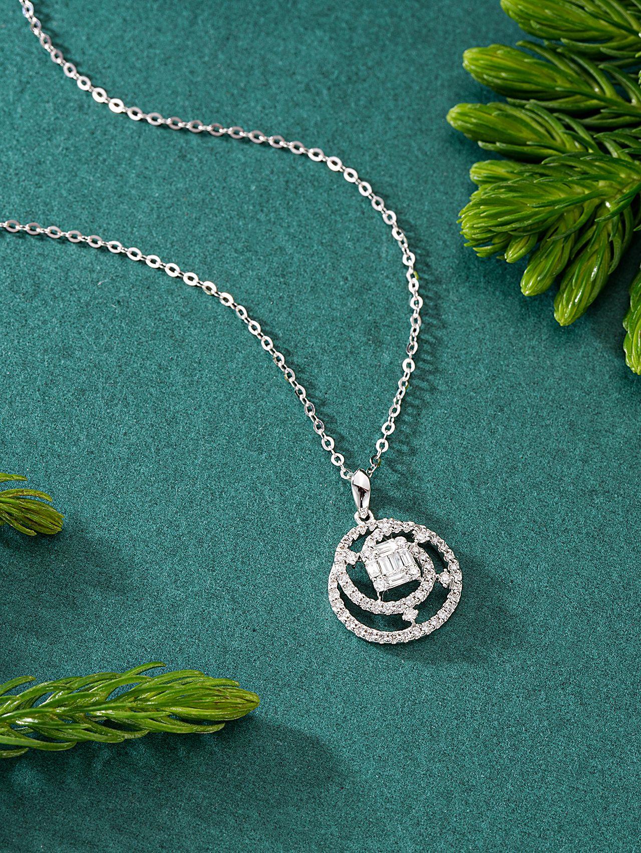 Diamond-Encrusted Circle Pendant with Surrounding Ladder Design - Premium Jewelry - White Diamond Pendant