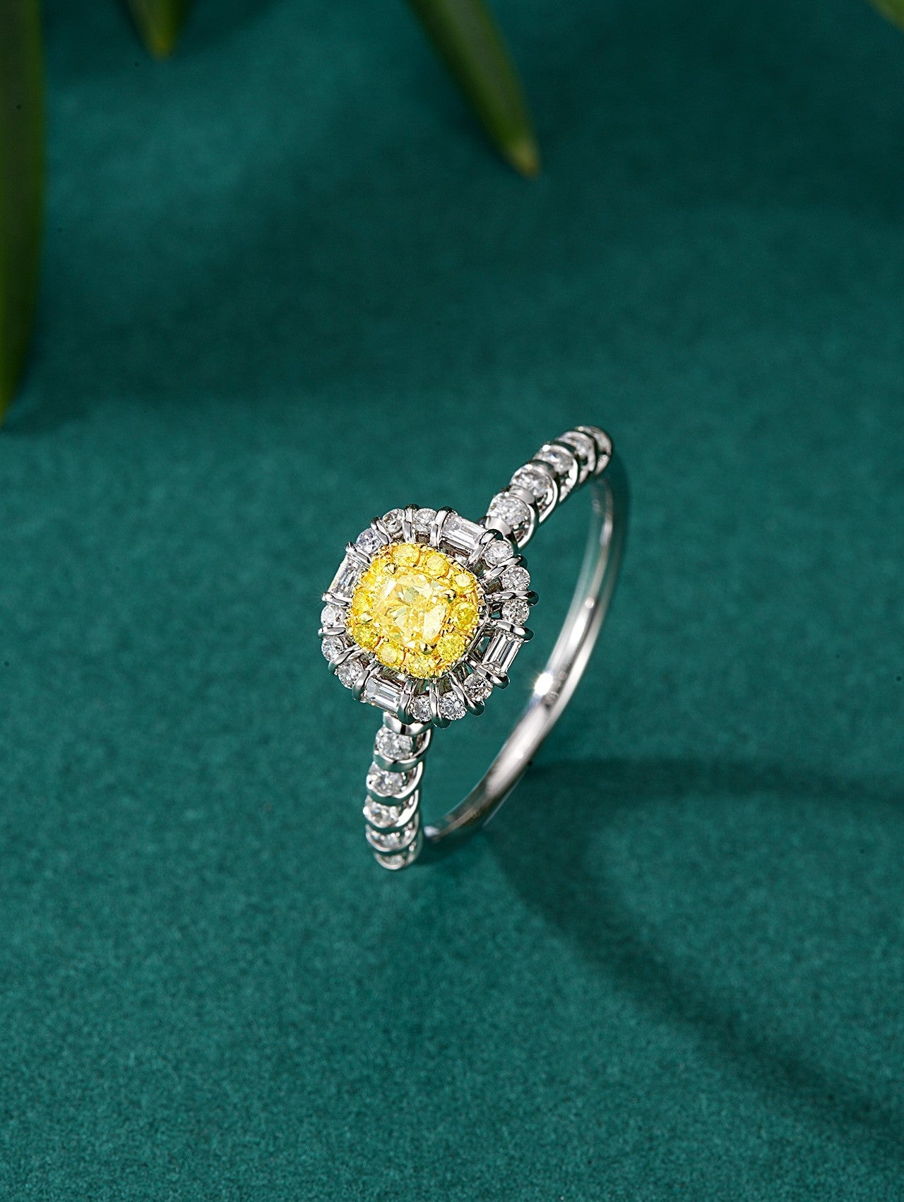 Diamond-Encrusted Cushion-Cut Ring - Luxurious Jewelry Piece - Yellow Diamond Ring