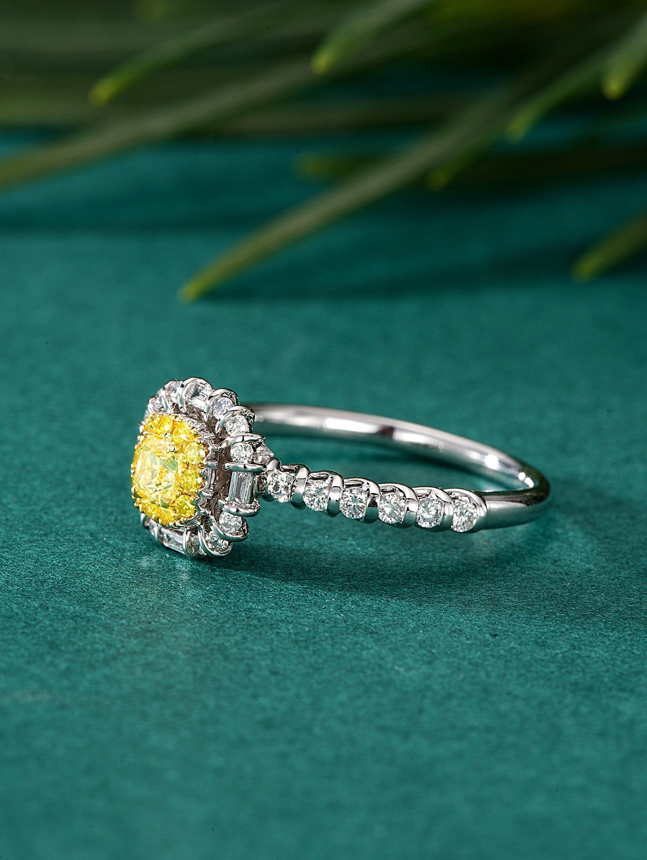 Diamond-Encrusted Cushion-Cut Ring - Luxurious Jewelry Piece - Yellow Diamond Ring