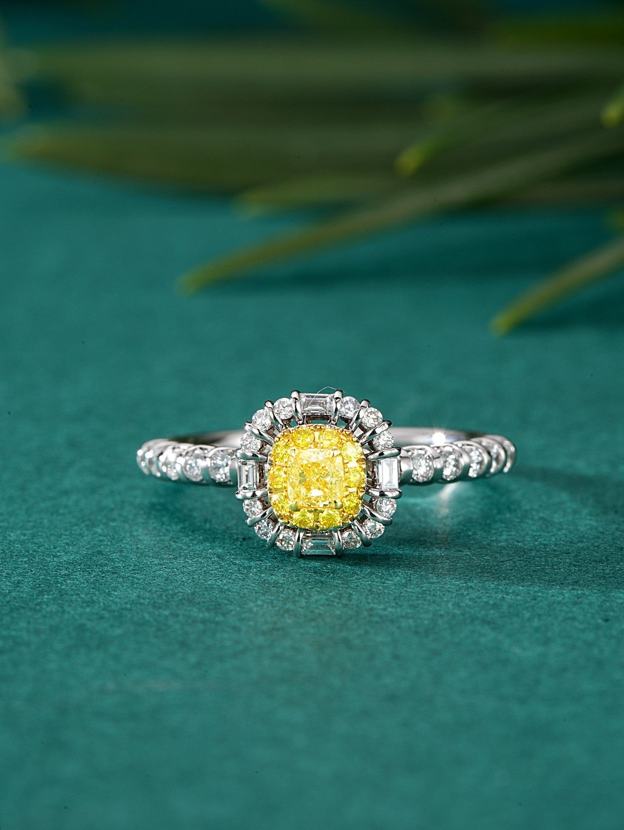 Diamond-Encrusted Cushion-Cut Ring - Luxurious Jewelry Piece - Yellow Diamond Ring