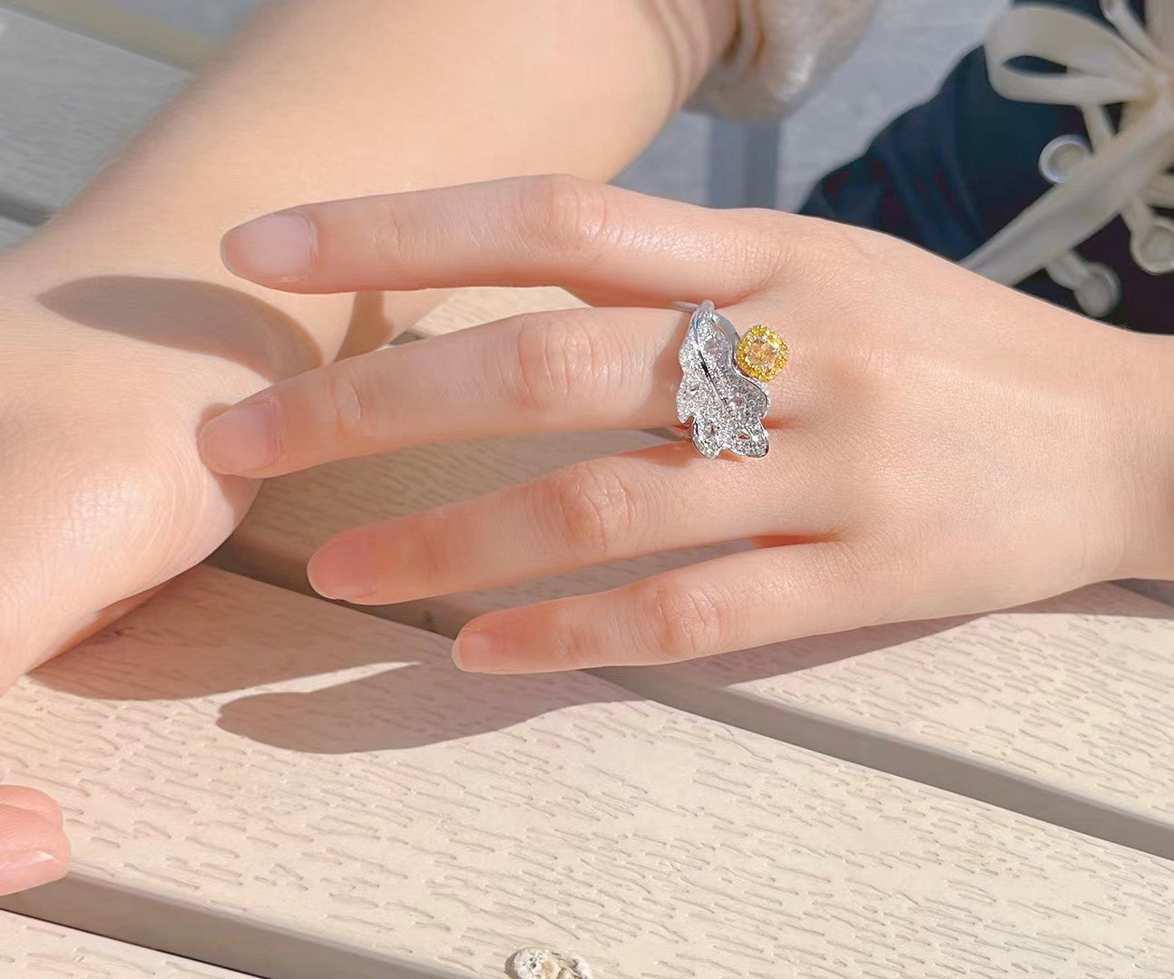 Diamond-Encrusted Leaf Ring - Premium Jewelry Collection - Yellow Diamond Ring