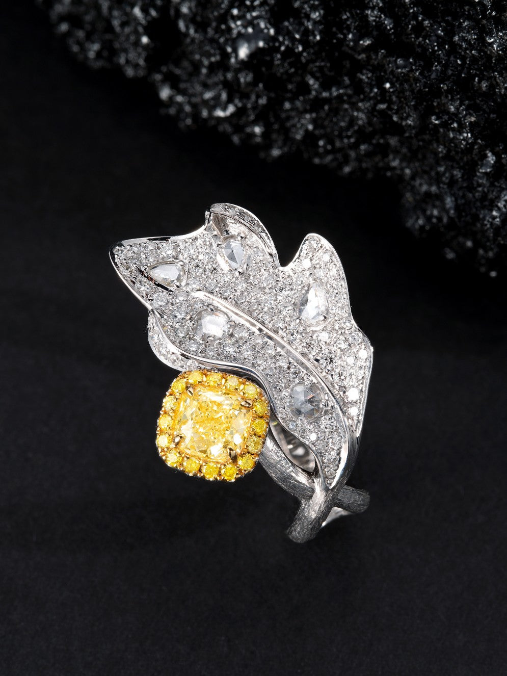 Diamond-Encrusted Leaf Ring - Premium Jewelry Collection - Yellow Diamond Ring