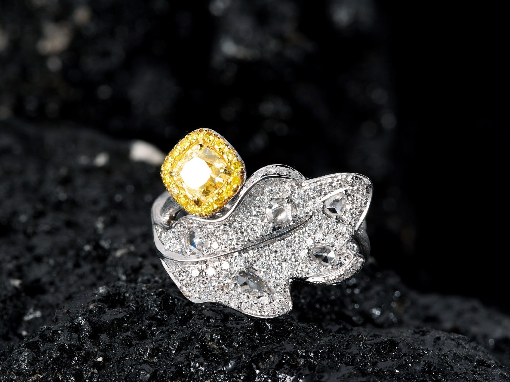 Diamond-Encrusted Leaf Ring - Premium Jewelry Collection - Yellow Diamond Ring