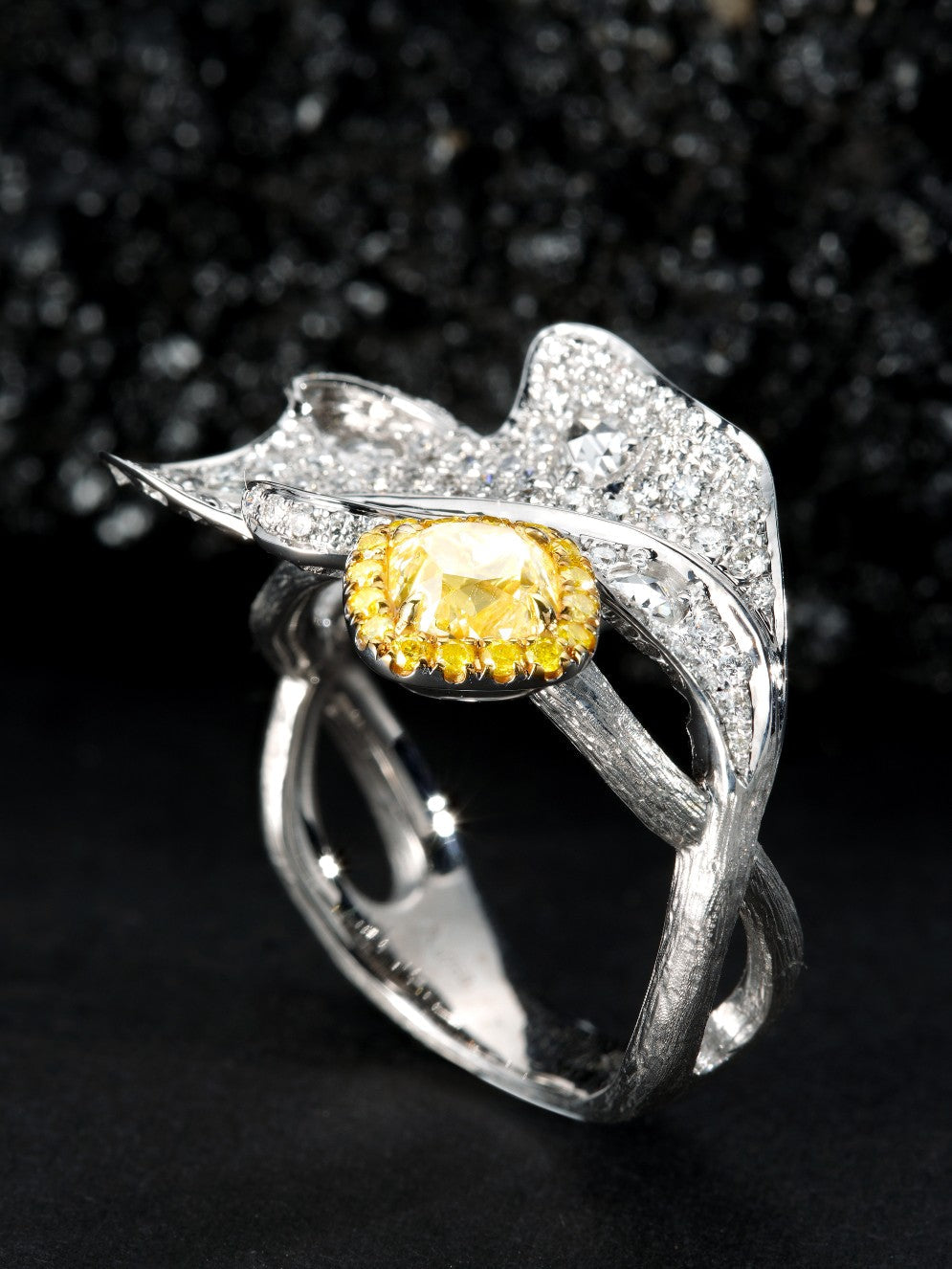 Diamond-Encrusted Leaf Ring - Premium Jewelry Collection - Yellow Diamond Ring