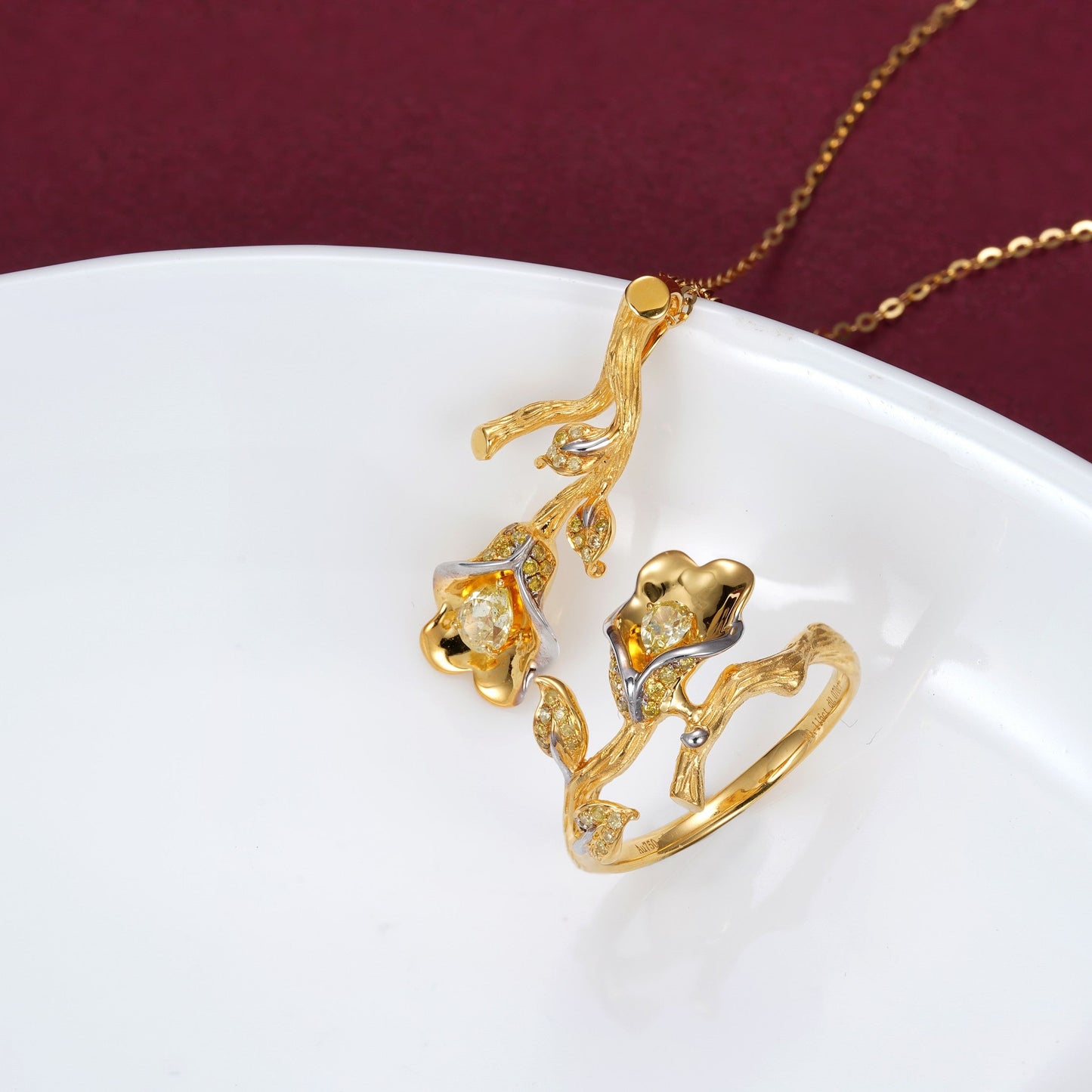 Diamond-Encrusted Tree Branch Pendant Jewelry - Yellow Diamond Pendant