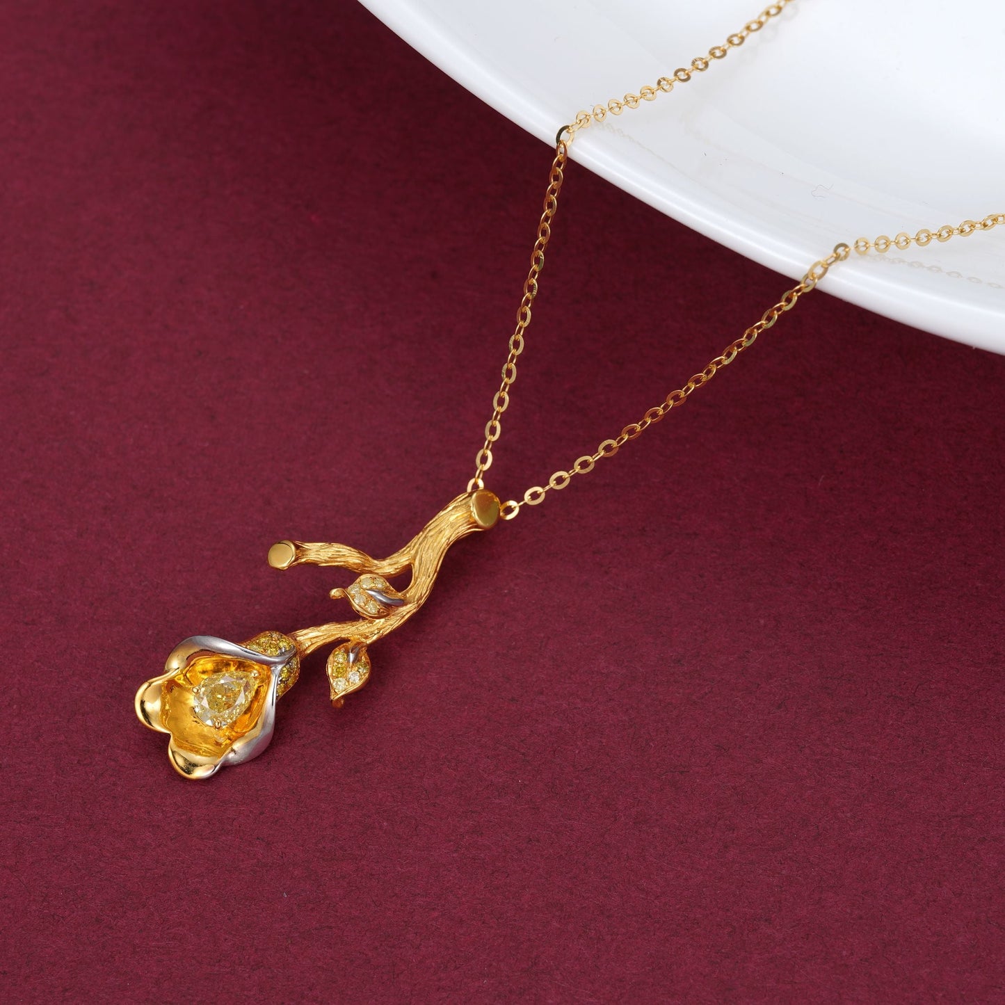 Diamond-Encrusted Tree Branch Pendant Jewelry - Yellow Diamond Pendant