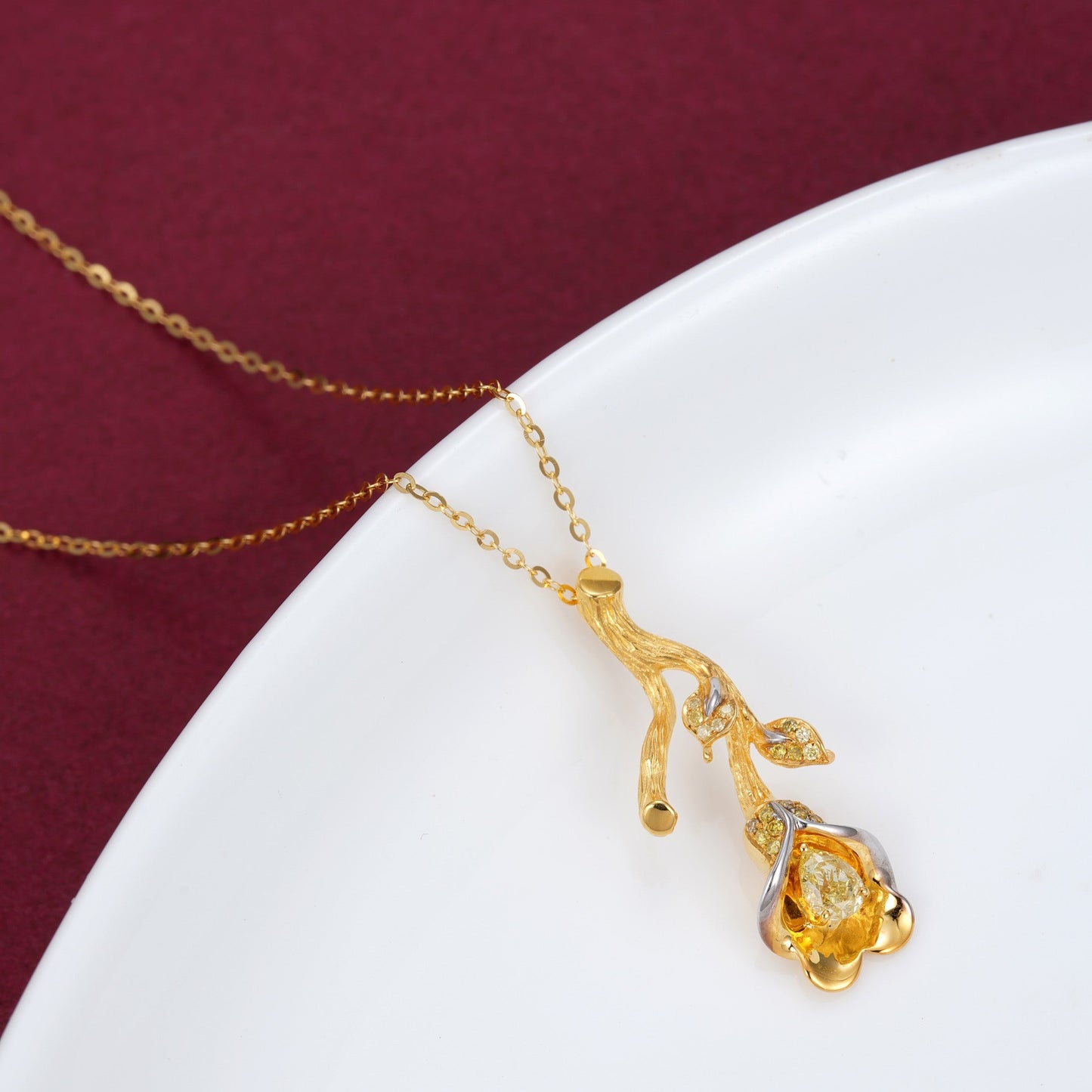 Diamond-Encrusted Tree Branch Pendant Jewelry - Yellow Diamond Pendant