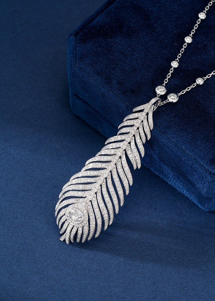 Diamond Feather Pendant - Exquisite Jewelry Collection - White Diamond Pendant