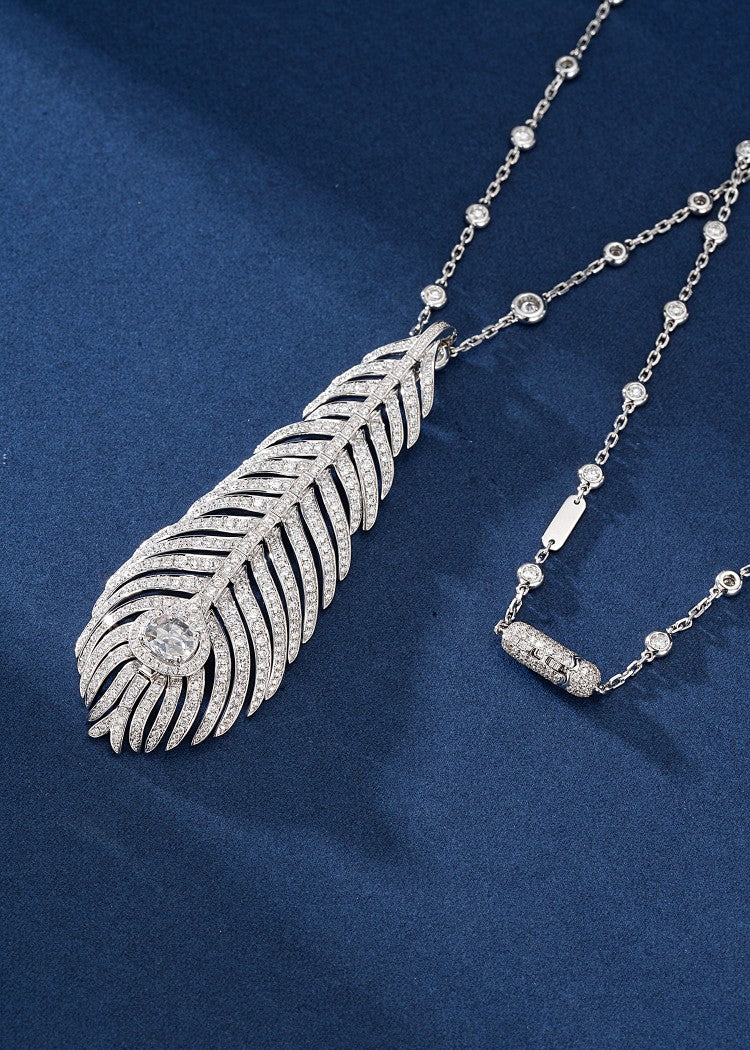 Diamond Feather Pendant - Exquisite Jewelry Collection - White Diamond Pendant