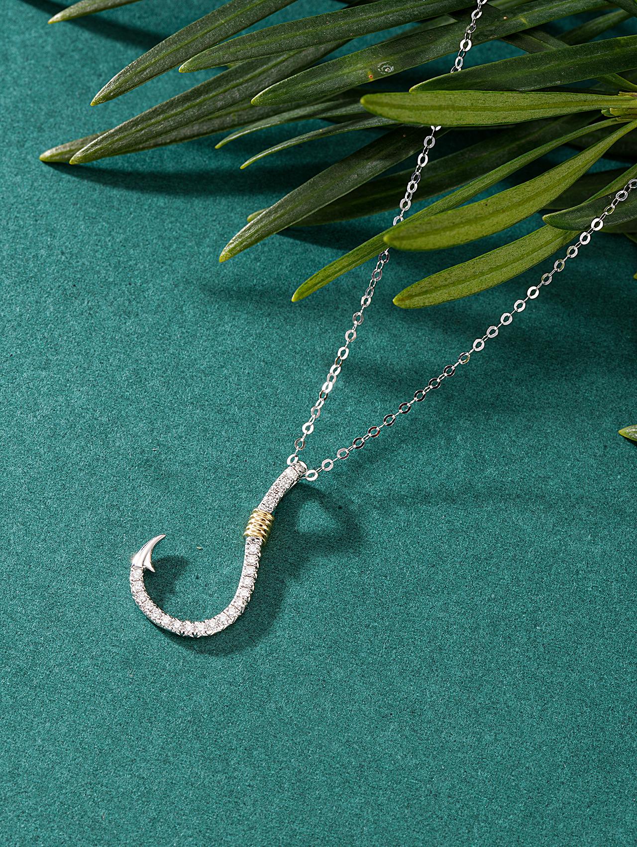 Diamond Fish Hook Pendant - Unique Jewelry Piece - White Diamond Pendant