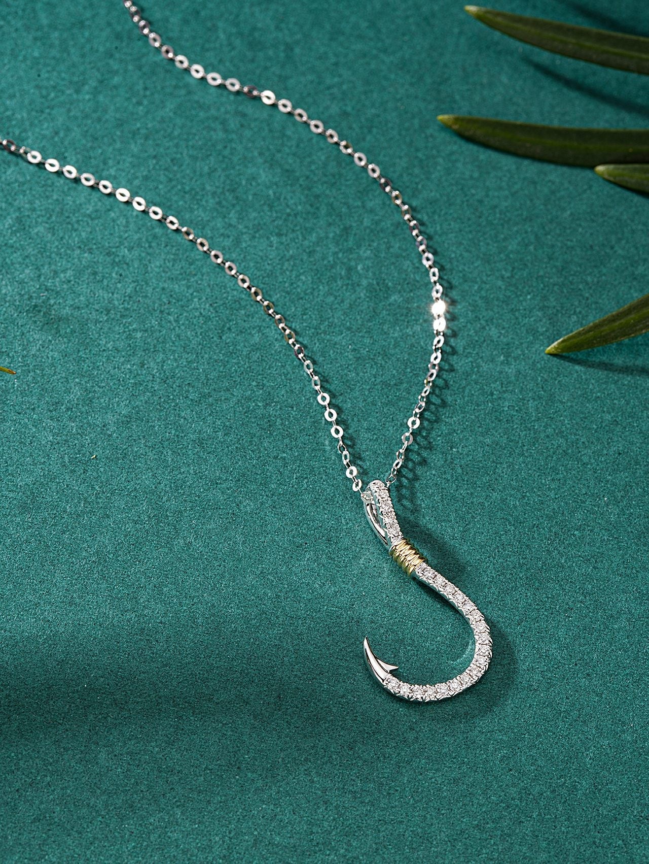 Diamond Fish Hook Pendant - Unique Jewelry Piece - White Diamond Pendant