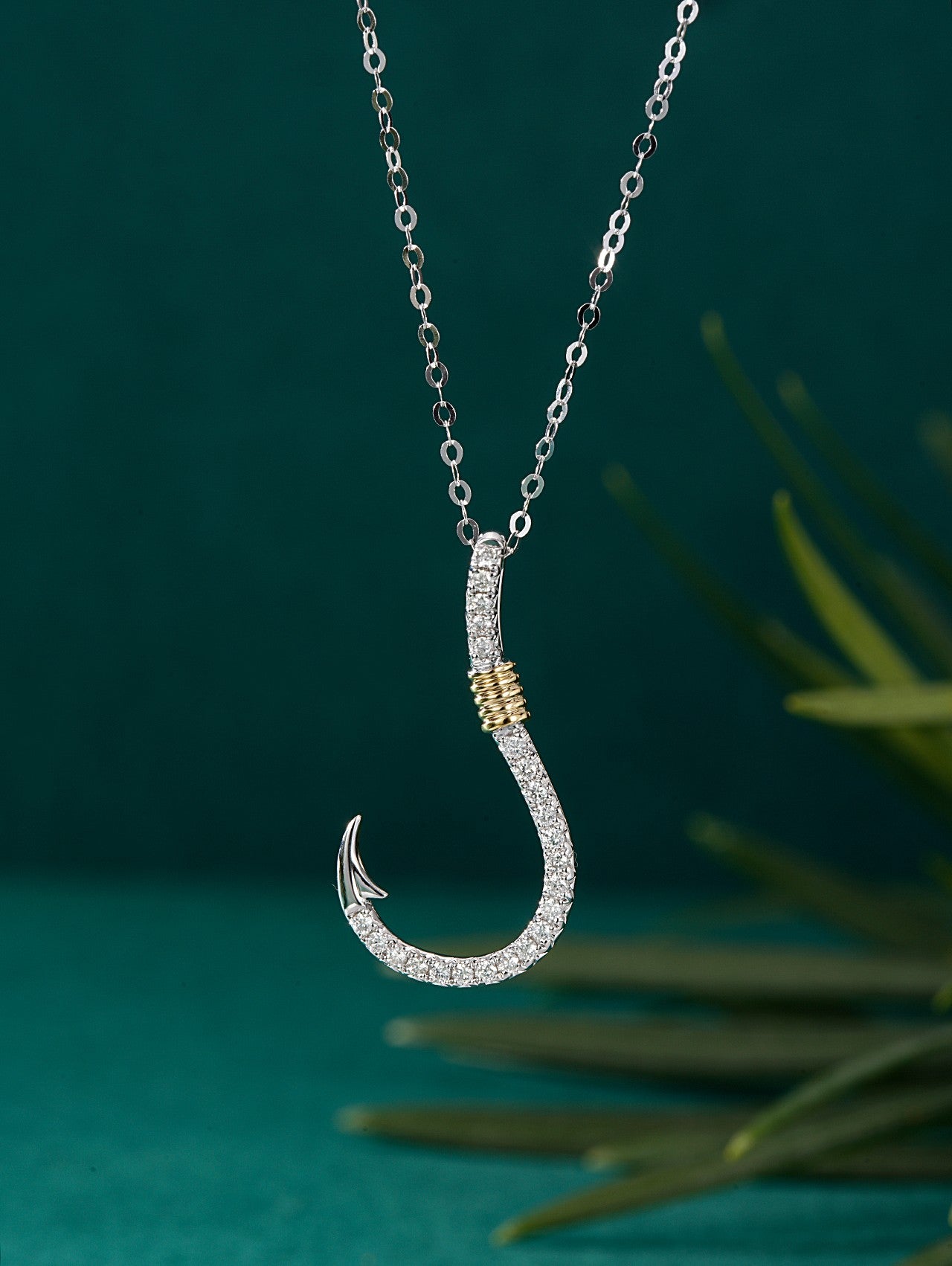 Diamond Fish Hook Pendant - Unique Jewelry Piece - White Diamond Pendant