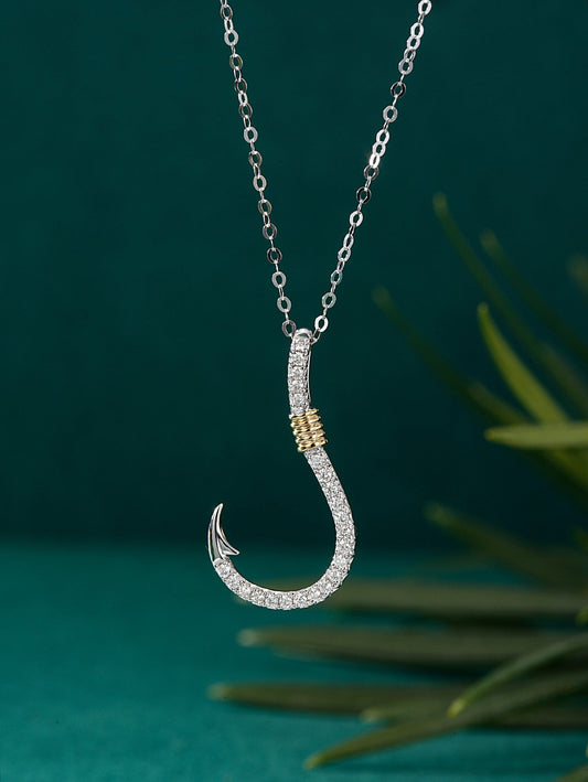 Diamond Fish Hook Pendant - Unique Jewelry Piece - White Diamond Pendant