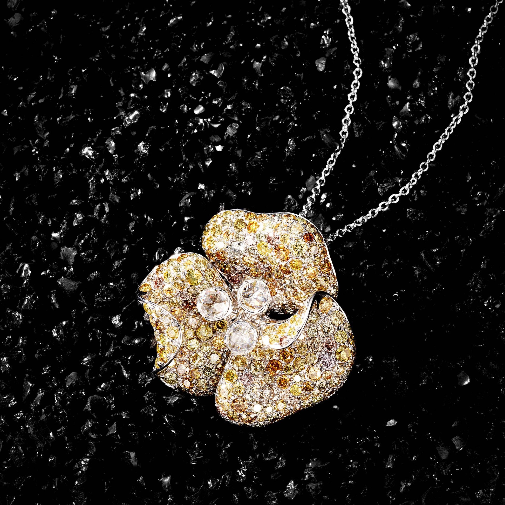 Diamond Flower Brooch Pendant Ring Set (Three-Piece) - Premium Jewelry - Yellow Diamond Ring