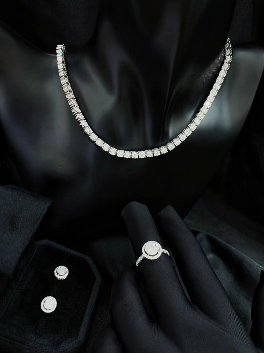 Diamond Jewelry Set: Round-Cut Diamond Necklace Ring and Earrings - White Diamond Set System