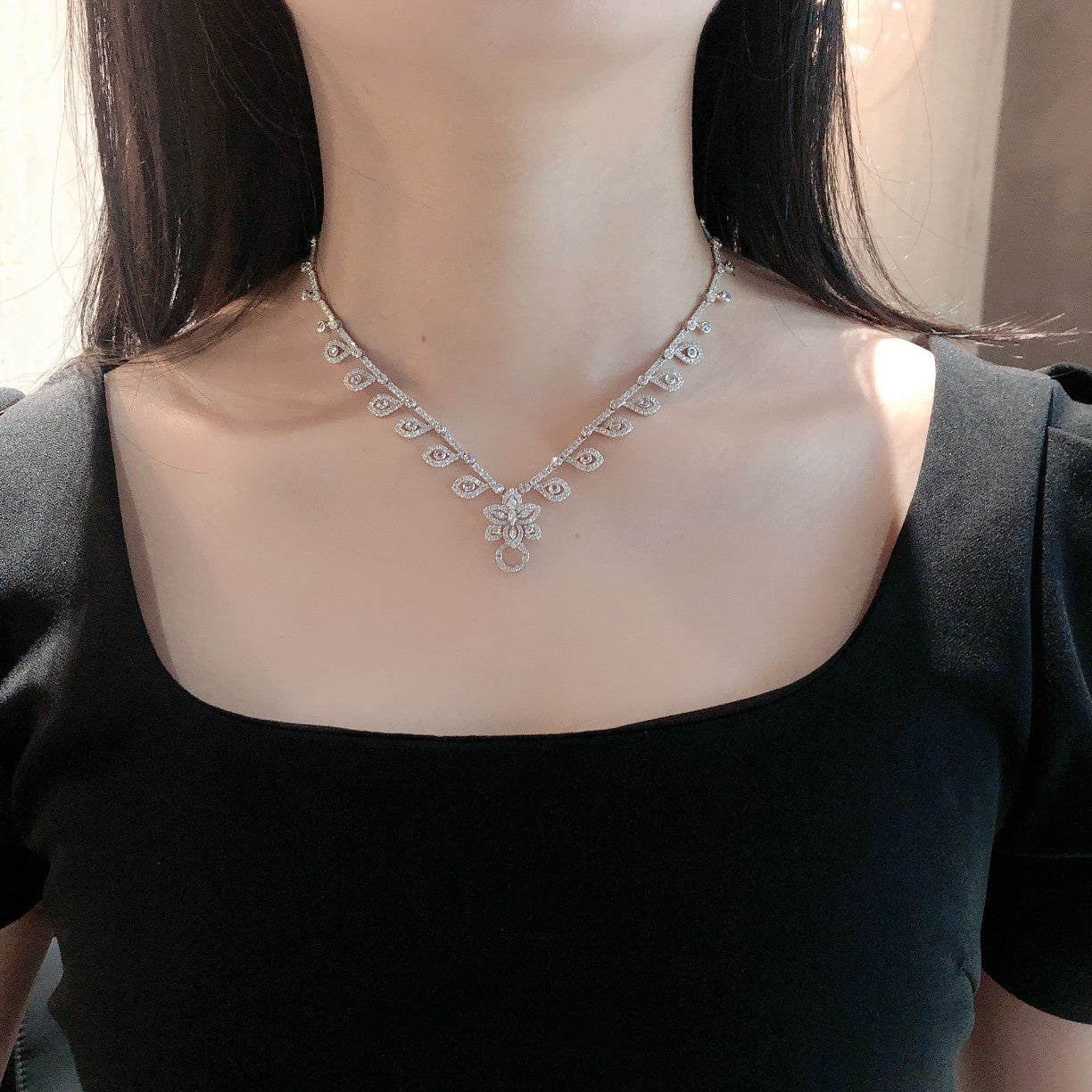 Diamond Leaf Pendant Necklace - Exquisite Jewelry Piece - White Diamond Necklace