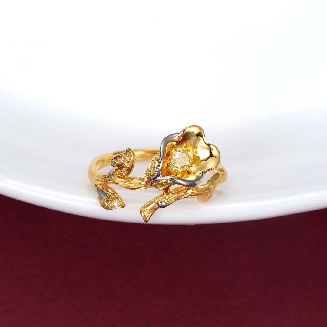 Diamond Lotus Leaf Ring - Unique Jewelry Piece - Yellow Diamond Ring