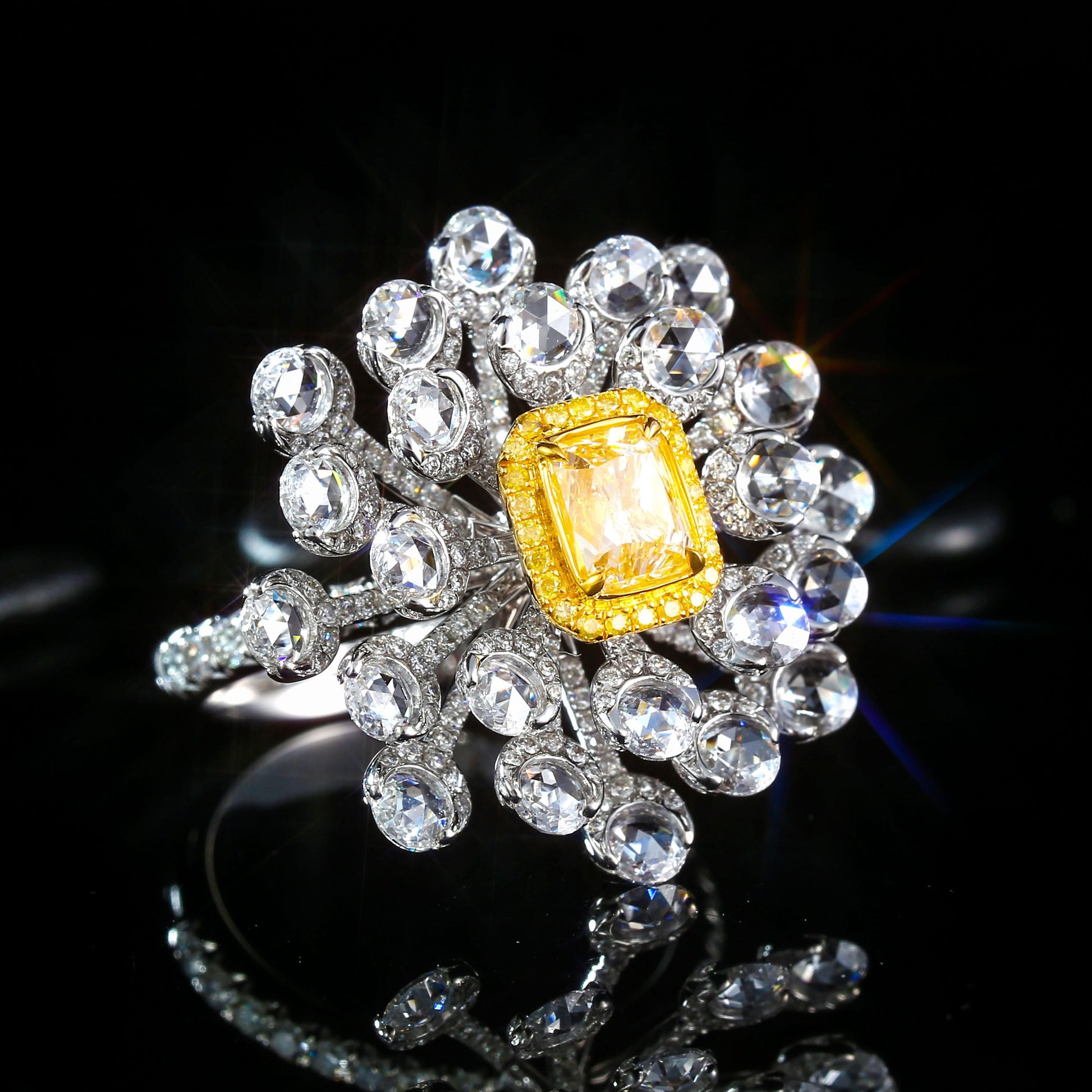 Diamond Pillow-shaped Camellia Flower Ring - Premium Jewelry - Yellow Diamond Ring