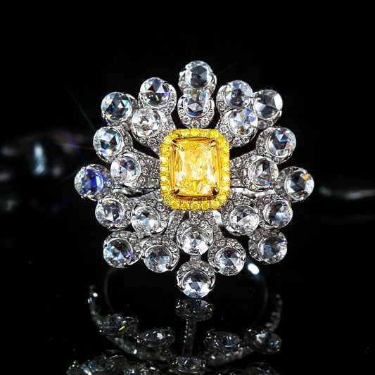 Diamond Pillow-shaped Camellia Flower Ring - Premium Jewelry - Yellow Diamond Ring