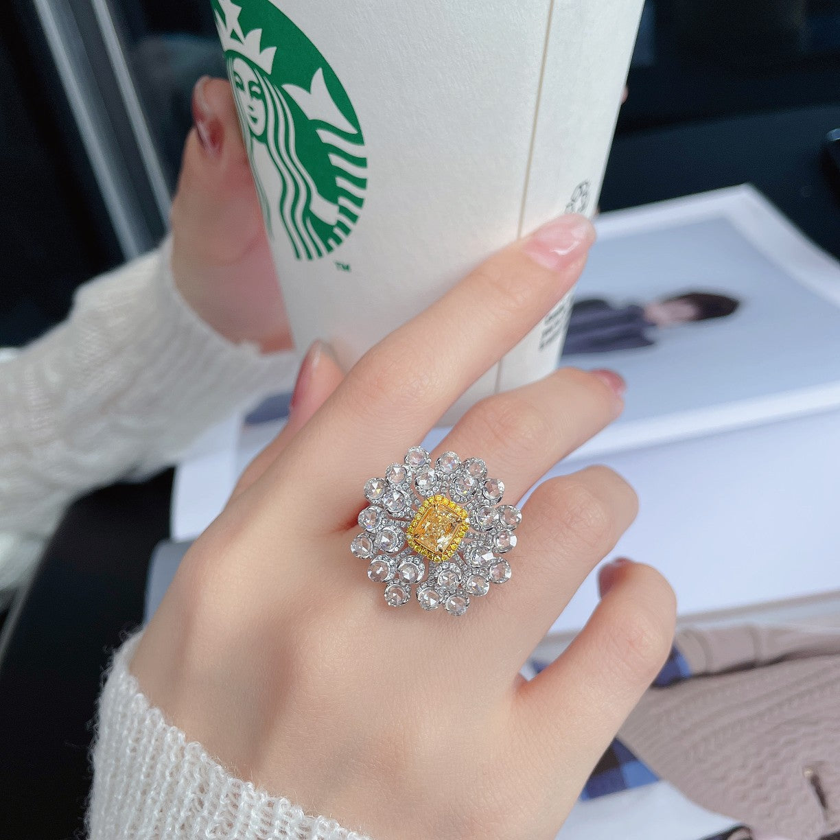 Diamond Pillow-shaped Camellia Flower Ring - Premium Jewelry - Yellow Diamond Ring