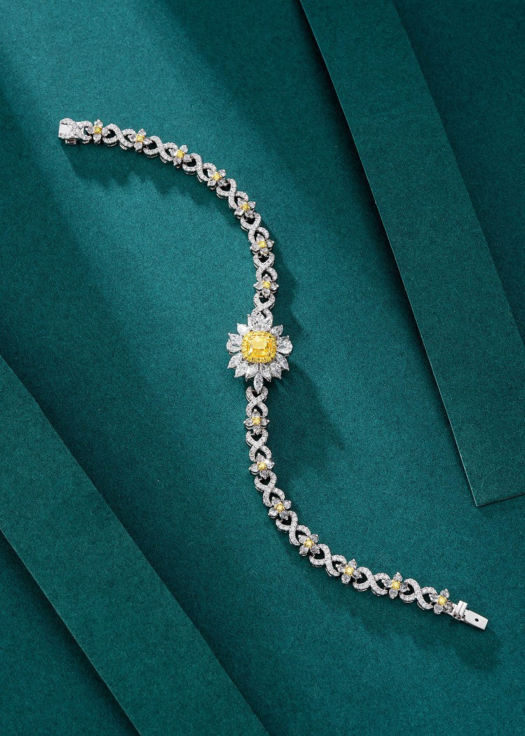 Diamond Pillow-Shaped Sunflower Bracelet - Luxurious Jewelry Piece - Yellow Diamond Bracelet