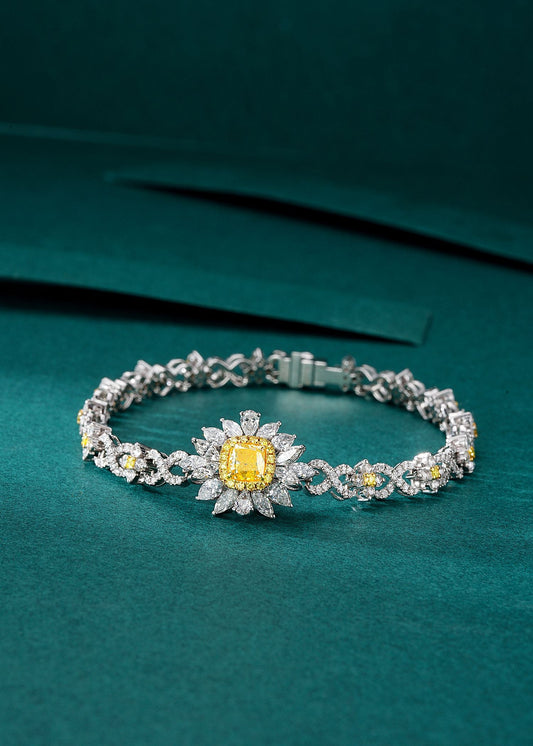 Diamond Pillow-Shaped Sunflower Bracelet - Luxurious Jewelry Piece - Yellow Diamond Bracelet