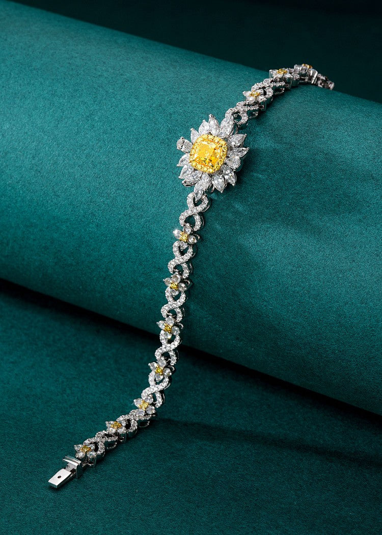 Diamond Pillow-Shaped Sunflower Bracelet - Luxurious Jewelry Piece - Yellow Diamond Bracelet