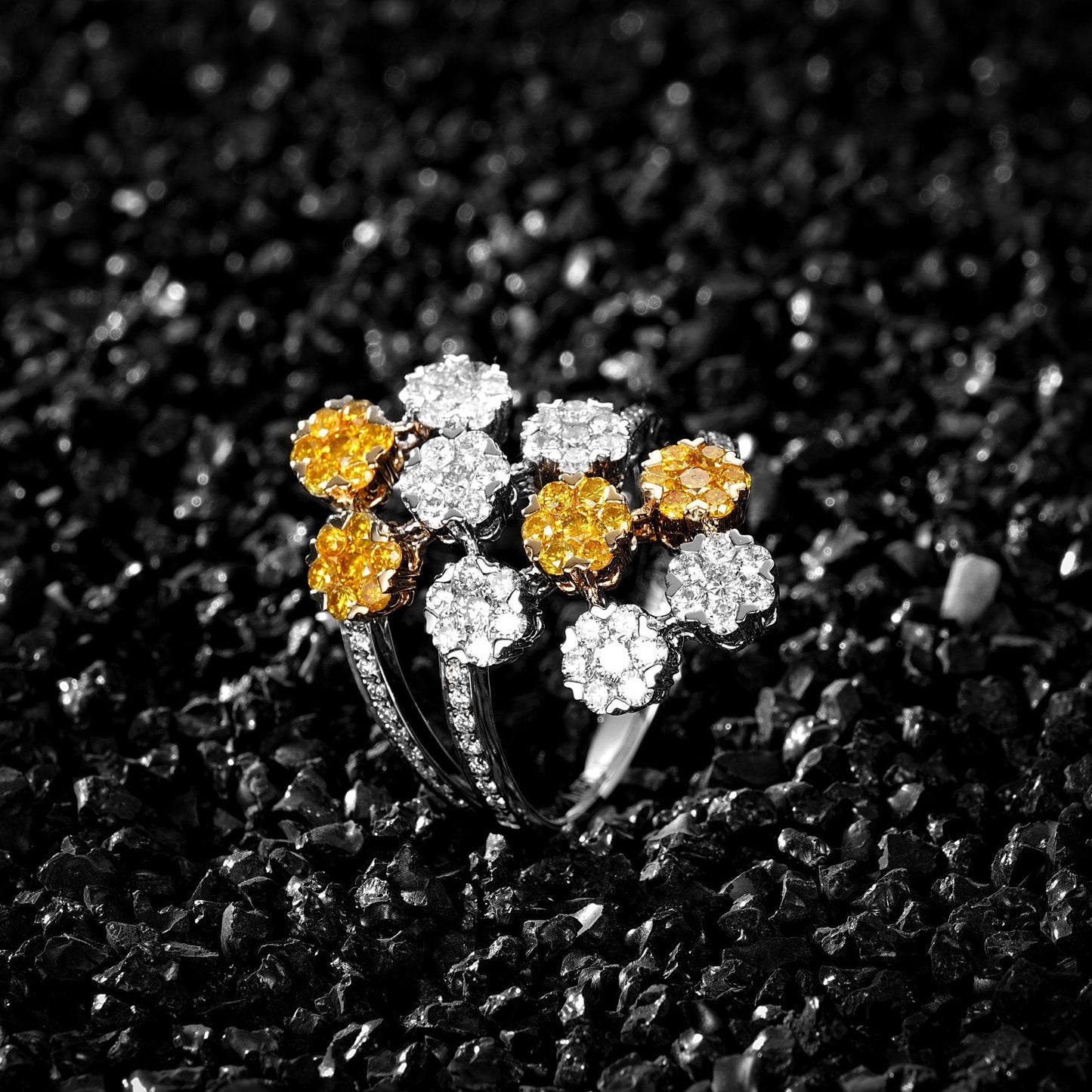 Diamond Ring with Central Stone Surrounded by Six Diamonds - Premium Jewelry - Yellow Diamond Ring