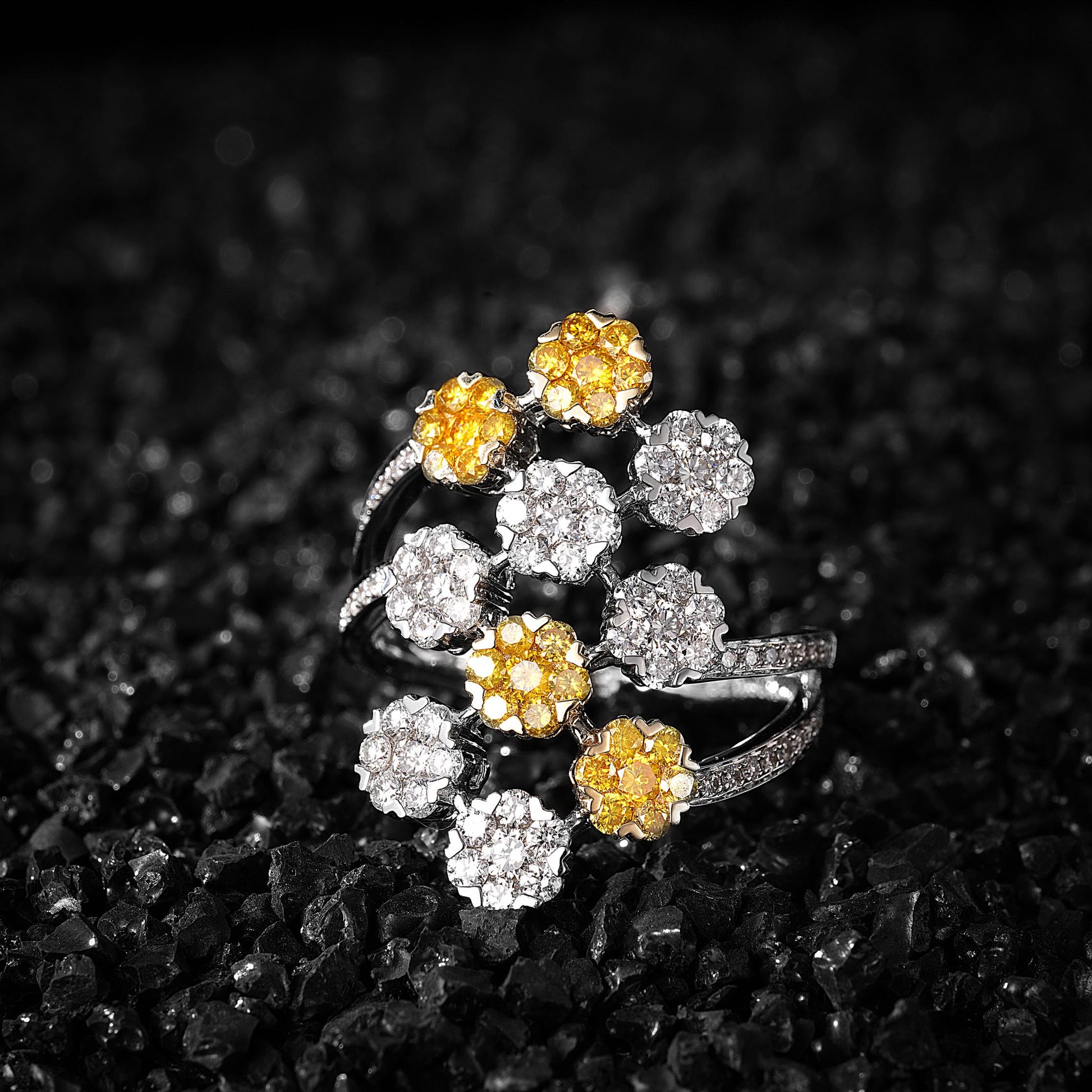 Diamond Ring with Central Stone Surrounded by Six Diamonds - Premium Jewelry - Yellow Diamond Ring