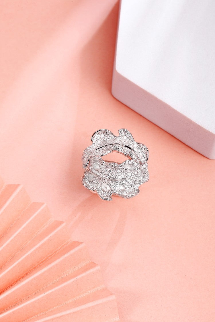 Diamond Rose Double Leaf Ring - Exquisite Jewelry Piece - White Diamond Ring