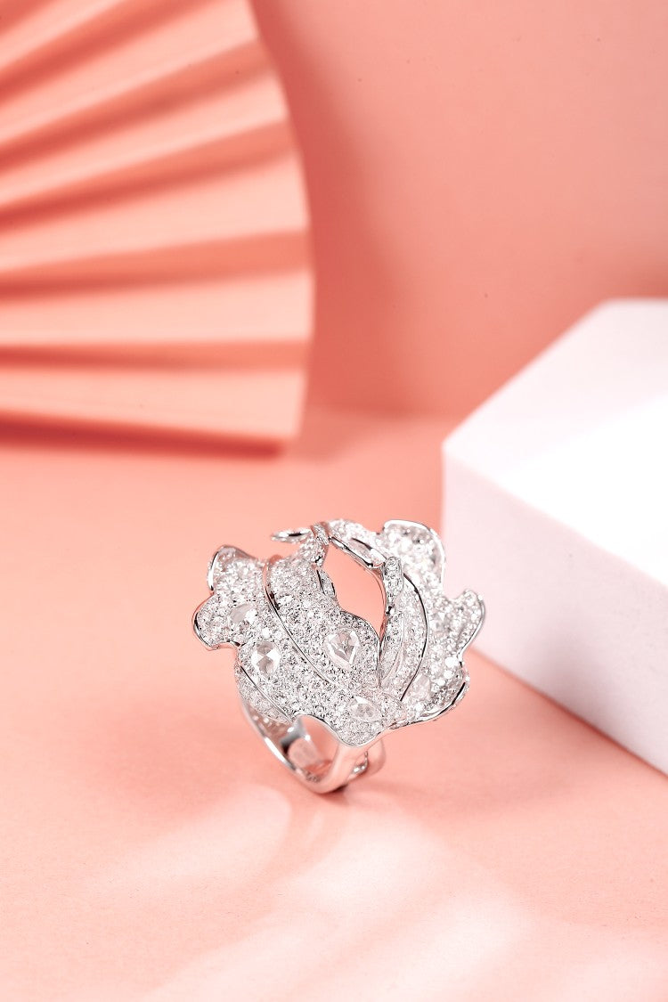 Diamond Rose Double Leaf Ring - Exquisite Jewelry Piece - White Diamond Ring