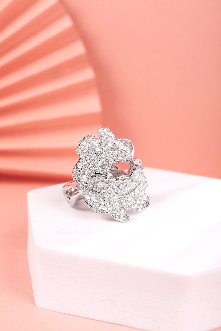 Diamond Rose Double Leaf Ring - Exquisite Jewelry Piece - White Diamond Ring