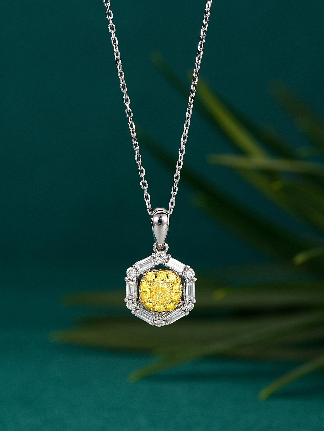 Diamond Six-Sided T-Square Pendant with Melon Seed Setting - Premium Jewelry - Yellow Diamond Pendant