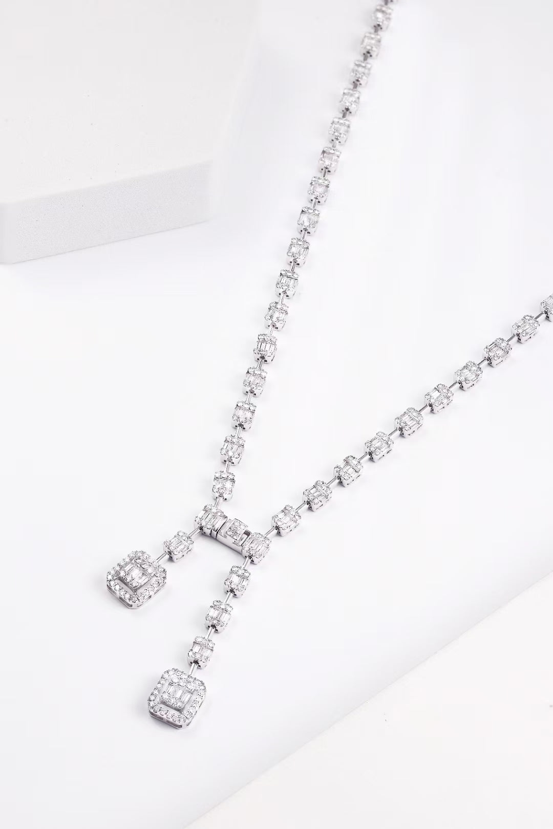 Diamond Square T Double-Row Pendant Chain Jewelry - White Diamond Necklace