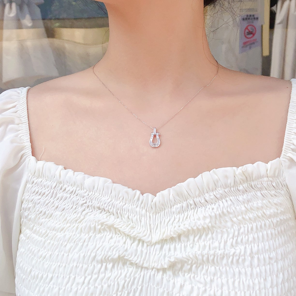 Diamond Step Horseshoe Pendant - Unique Jewelry Piece - White Diamond Pendant