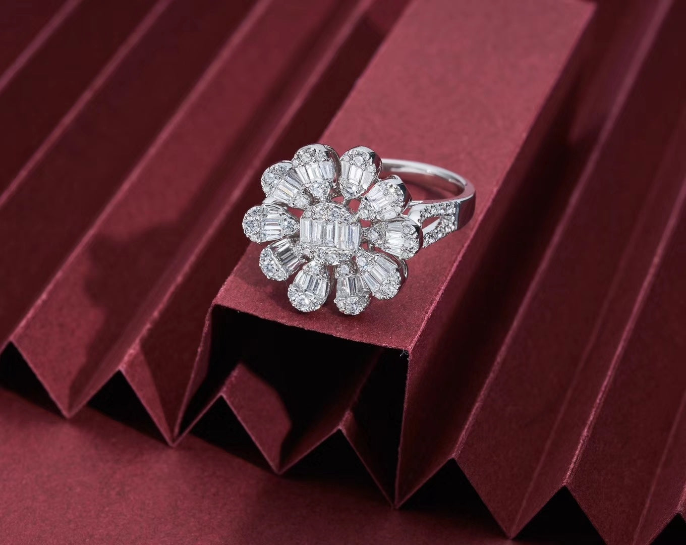 Diamond Ti Fang Petal Ring - Unique Jewelry Piece - White Diamond Ring