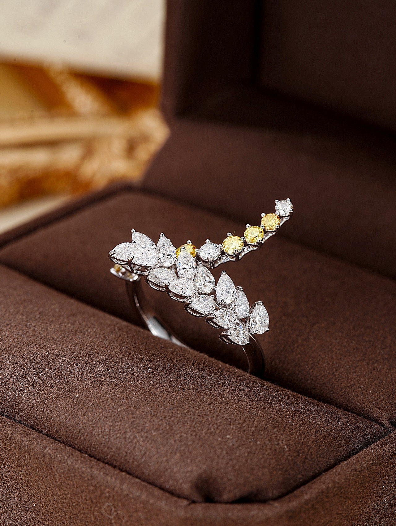 Diamond Wheat and Water Drop Ring - Exclusive Jewelry Piece - White Diamond Ring