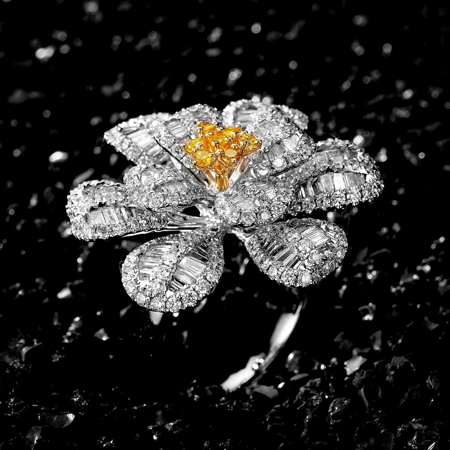 Double-Layer T-Flower Petite Ring - Fine Jewelry Collection - Yellow Diamond Ring