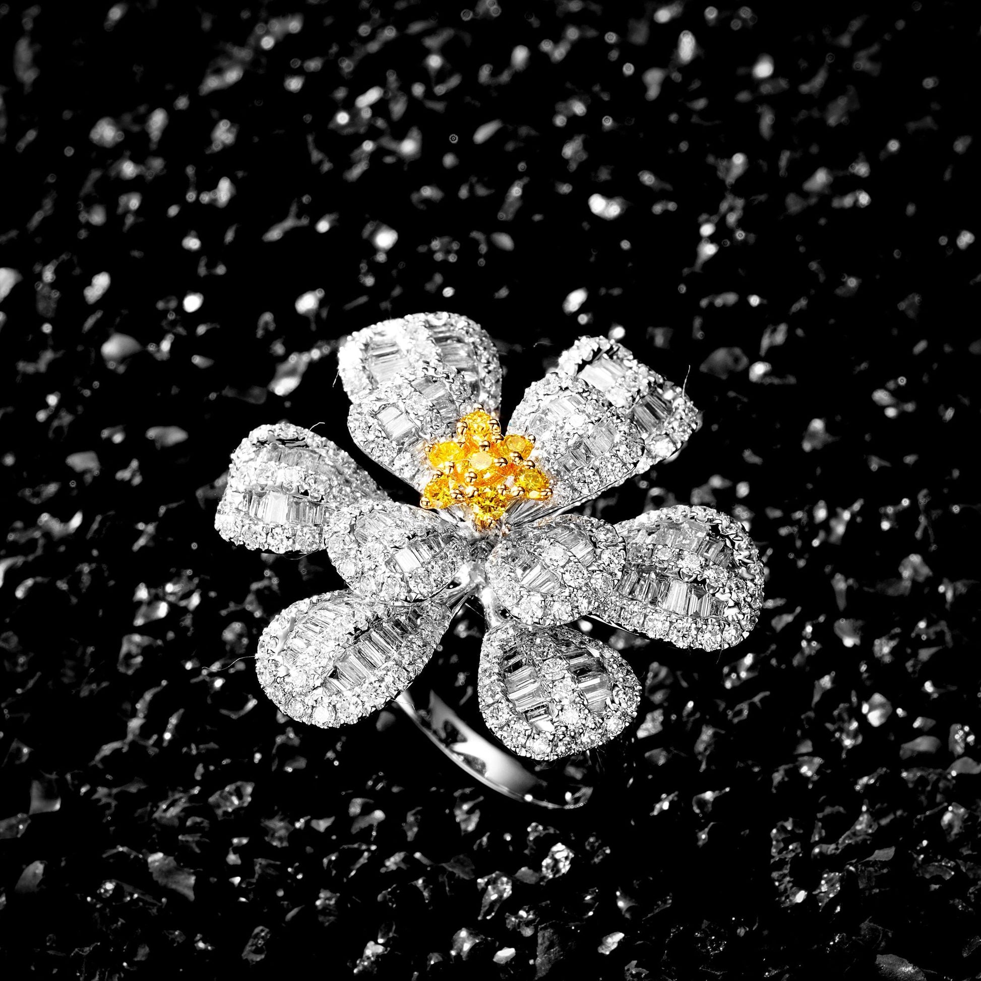 Double-Layer T-Flower Petite Ring - Fine Jewelry Collection - Yellow Diamond Ring