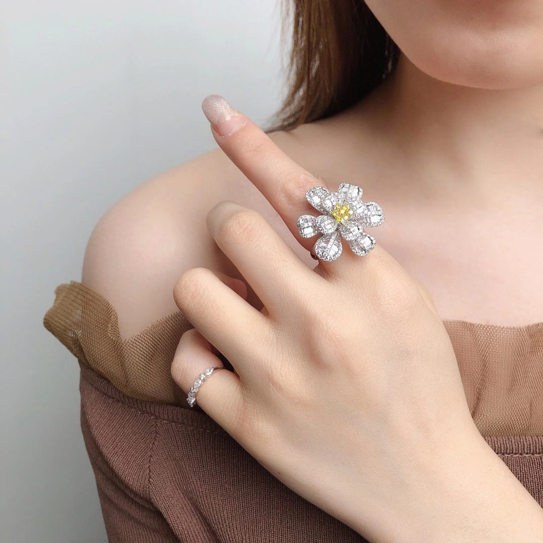 Double-Layer T-Flower Petite Ring - Fine Jewelry Collection - Yellow Diamond Ring