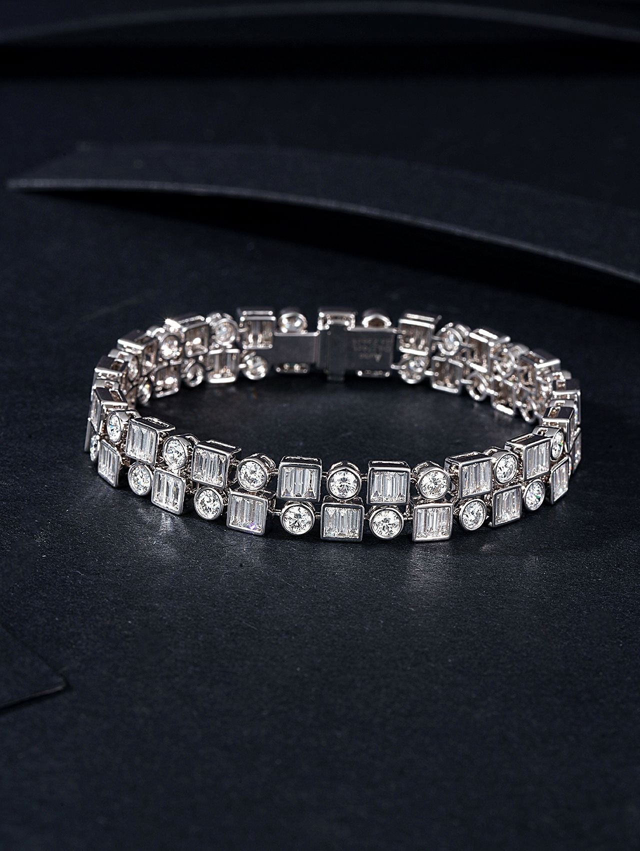 Double Row Round Diamond T Bracelet - Luxury Jewelry - White Diamond Bracelet