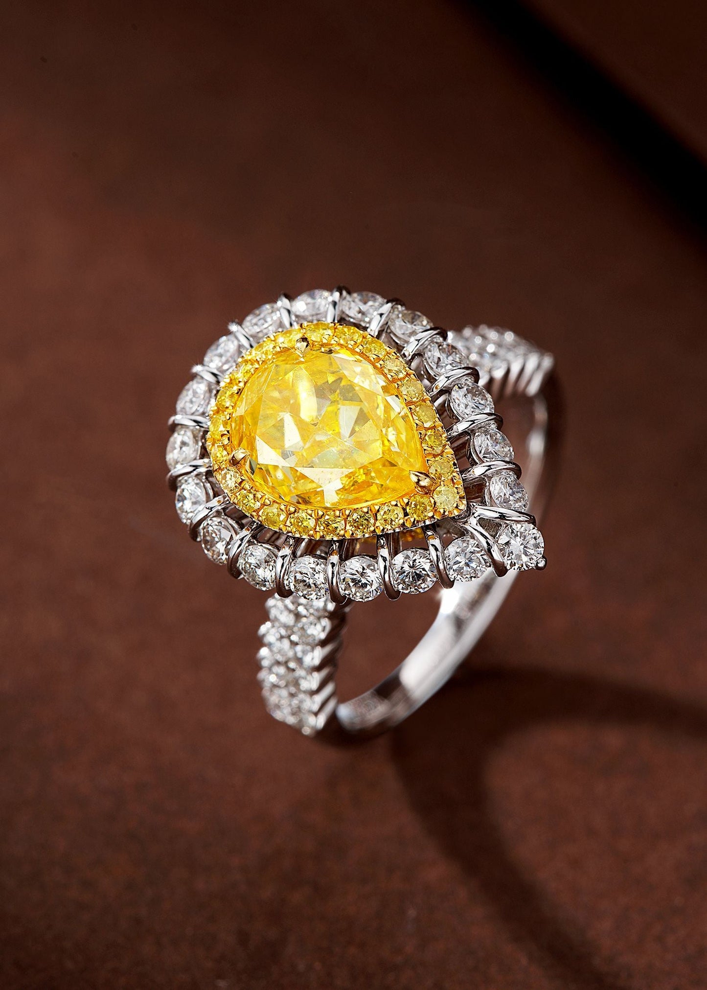 Double Row Straight Arm Ring with Diamond and Drop Shape Yellow Sapphire - Premium Jewelry - Yellow Diamond Ring