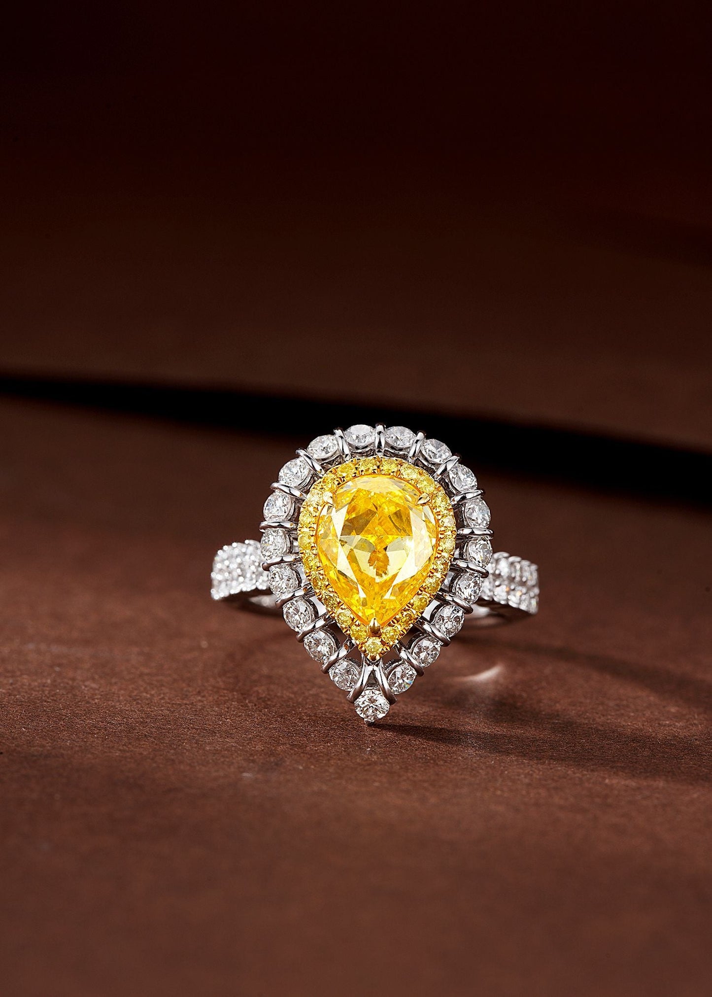 Double Row Straight Arm Ring with Diamond and Drop Shape Yellow Sapphire - Premium Jewelry - Yellow Diamond Ring