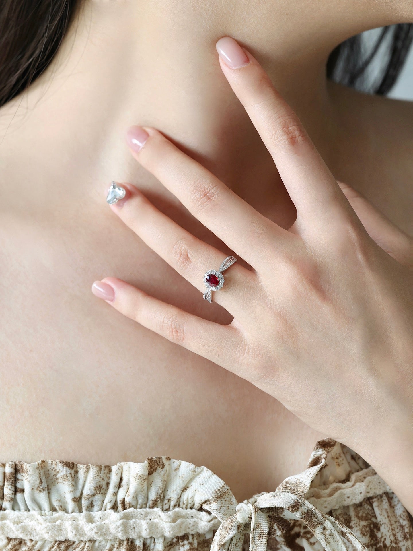 Elegant 18K Gold Ruby Ellipse Trapezoid Ring with Stone-Encrusted Shank | Premium Jewelry - Red Treasure Ring