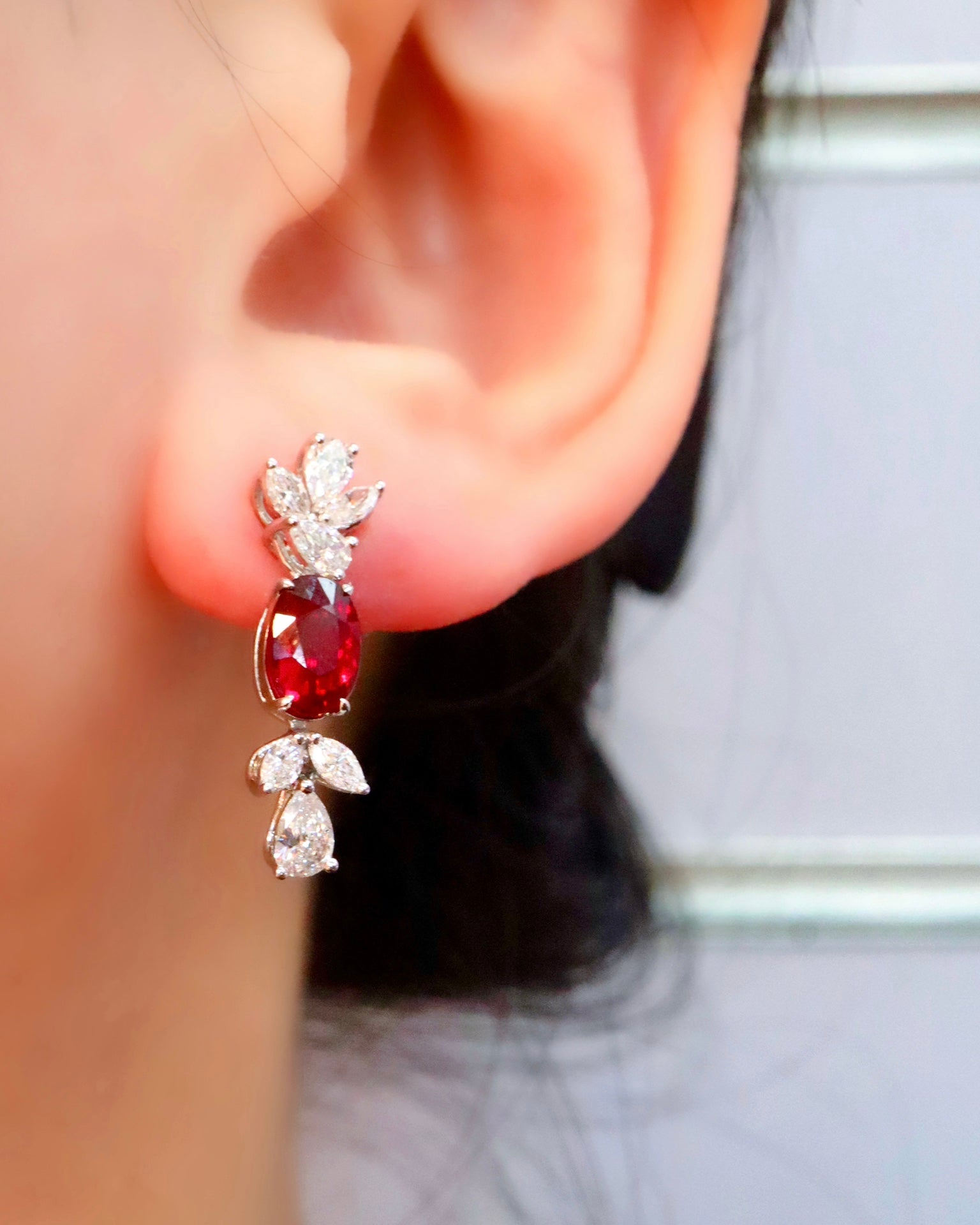 Elegant Dangle Earrings: Natural Unheated Pigeon Blood Red Ruby, 18K Gold with Diamonds | Jewelry Jeweler.Jewelry