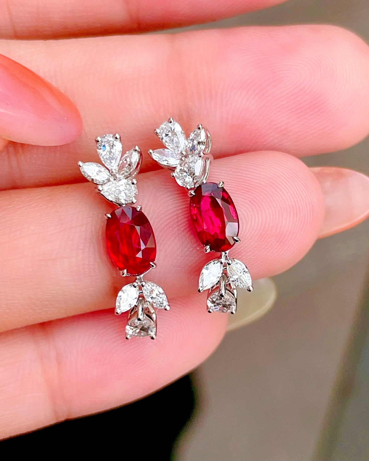 Elegant Dangle Earrings: Natural Unheated Pigeon Blood Red Ruby, 18K Gold with Diamonds | Jewelry Jeweler.Jewelry