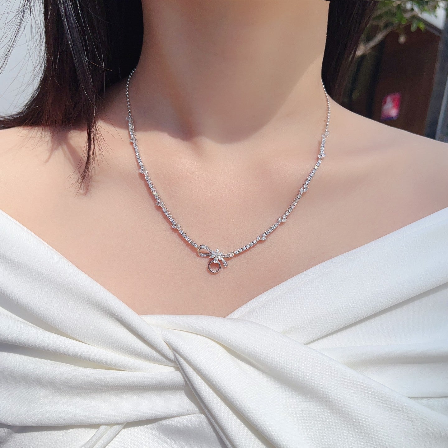 Elegant Marquise Bowknot Necklace (Pendant Not Included) - Fine Jewelry - White Diamond Necklace